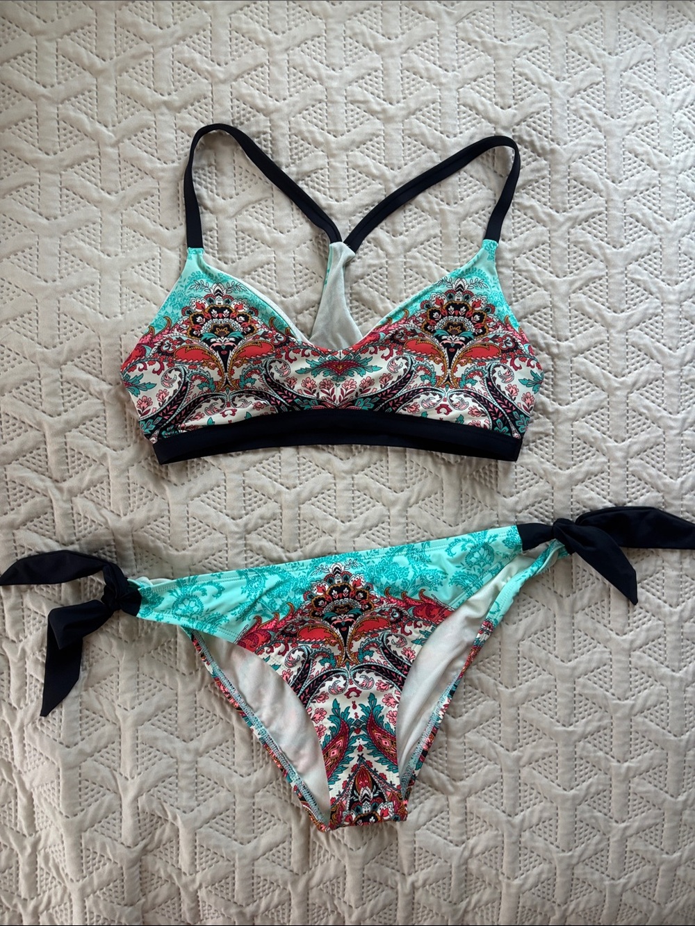 Skye Swimwear Turquoise Paisley Bikini with Black Trim